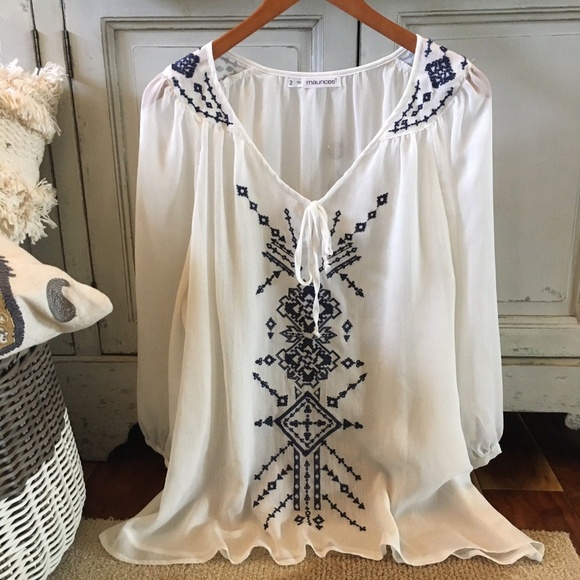 Maurices Tops - 2X Plus Size Chiffon Embroidered Peasant Blouse